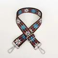 Detail view of ethnic boho wide bag strap with blue floral patterns and silver hardware - Blue-White Embroidered Style A72 (Silver Hook)