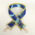 Detail of blue and green camo nylon bag strap with gold metal hooks and yellow borders - Blue Green Yellow Edge Camo (No. 14 + Gold Hook)