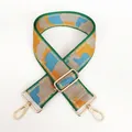 Detail of colorful camo nylon wide shoulder strap with golden metal swivel hooks - Blue Yellow Green Edge Jacquard (No. 17 + Gold Hook)