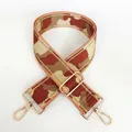 Detail of adjustable camouflage nylon bag strap with gold threads and metal hooks - Brown Beige Patchwork Camo (No. 19 + Gold Hook)