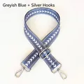 Detail of gray blue nylon jacquard wide bag strap with silver metal lobster clasps - Gray Blue + Silver Hook