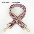 Detail of wine red and white herringbone woven wide bag strap with gold metal hooks - Wine Red + Gold Hook