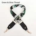 Detail view of green camo bag strap with silver thread, leather ends, and gold metal hooks - Green & Silver Thread