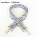 Close-up of thick cotton woven handbag strap in lake blue and white herringbone pattern - Lake Blue + Gold Hook