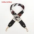 Detail of adjustable camo wide strap with gold buckle and brown leather end for handbags - Coffee Silver Thread