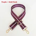 Detail of adjustable purple woven nylon strap with white geometric patterns and gold hooks - Purple + Gold Hook