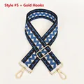Detail of blue and white ethnic geometric pattern wide strap with gold metal hooks - Style No. 5 (Gold Hook)