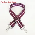 Close-up of purple nylon jacquard bag strap with silver metal hooks and white arrow pattern - Purple + Silver Hook