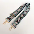 Detalle de correa de nylon con diseño étnico y mosquetones de metal dorado para bolso - Rombo Geométrico Entrelazado Azul Naranja Negro (No. 23)