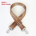 Detail of khaki nylon bag strap with silver V-pattern and adjustable metal lobster hooks - Khaki + Silver Hook