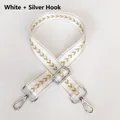 Detail of white nylon bag strap with gold V-pattern weaving and silver lobster clasps - White + Silver Hook