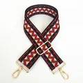 Detail of adjustable wide shoulder strap with red black white geometric patterns and gold clips - Style No.21 (Gold Hook)