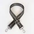 Close-up of adjustable grey nylon bag strap with white chevron pattern and silver hooks - Grey + Silver Hook