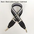 Dettaglio tracolla regolabile larga in tela a strisce bianche e nere con ganci dorati lucidi - Strisce nere con pelle nera e gancio dorato