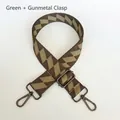 Detail of adjustable geometric green and brown bag strap with gunmetal swivel hooks - Green + Gunmetal Hook