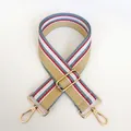 Detail of adjustable khaki woven shoulder strap with red stripes and gold hooks - Khaki + Gold Hook
