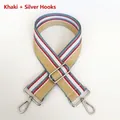 Detail of adjustable wide woven shoulder strap in khaki stripes with silver metal hooks - Khaki + Silver Hook