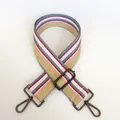 Detail of adjustable khaki woven shoulder strap with multi-color stripes and gunmetal hooks - Khaki + Gunmetal Hook