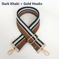 Detail of 5cm wide adjustable woven shoulder strap in khaki stripes with gold metal hooks - Dark Khaki + Gold Hook