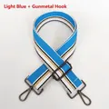 Close-up of light blue striped nylon bag strap with dark grey metal lobster clasps - Light Blue + Gunmetal Hook
