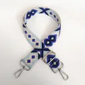 Detail of adjustable blue geometric diamond pattern canvas bag strap with silver metal hooks - Pattern Style 8 (Silver Hook)