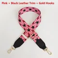 Detail of pink adjustable bag strap with star patterns and gold metal swivel hooks - Pink with Black Leather and Gold Hook