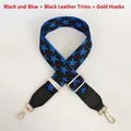 Close-up of jacquard bag strap with blue stars, black leather ends and gold metal hooks - Dark Blue With Black Leather Trim & Gold Hook