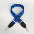 Detail of adjustable blue star pattern bag strap with black leather and gold hooks - Blue Stripe with Black Leather and Gold Hook