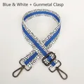 Detail of blue and white striped canvas bag strap with gunmetal swivel snap hooks - Blue White + Gunmetal Hook