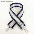 Close-up of adjustable striped bag strap with silver metal hooks and buckle detail - Blue + Silver Hook