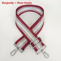 Close-up of adjustable red and silver striped bag strap with shiny silver metal hooks - Red + Silver Hook