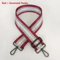 Close-up of adjustable striped woven bag strap with gunmetal swivel hooks and metallic thread - Red + Gunmetal Hook