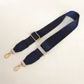 Adjustable dark blue nylon bag strap with gold metal hooks and leather accents - Blue with Blue Leather and Gold Hooks