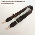 Detail of coffee nylon strap with gold hardware hooks and matching leather reinforcement - Coffee + Coffee Leather + Gold Hook