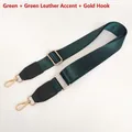 Adjustable dark green nylon wide shoulder strap with gold hardware and black leather trim - Green + Green Leather Trim + Gold Hook