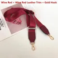 Detail of wine red nylon shoulder strap with leather ends and gold metal hooks - Wine Red with Wine Red Leather and Gold Hook