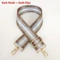 Detail view of dark khaki woven bag strap with silver glitter stripes and gold metal hooks - Dark Khaki + Gold Hook