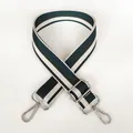 Detail of adjustable green and white striped canvas shoulder strap with silver hooks - Green + Silver Hook