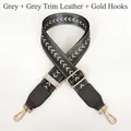Close-up of grey chevron woven strap with grey leather ends and gold swivel hooks - Gray (Gold Hook)