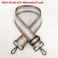 Detail of adjustable dark khaki striped bag strap with gunmetal swivel hooks - Dark Khaki + Gunmetal Hook