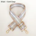 Close-up of khaki wide fabric strap with silver stripes and golden metal rotating hooks - Khaki + Gold Hook