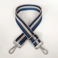 Detail of adjustable blue and beige striped wide strap with durable silver metal hooks - Blue + Silver Hook