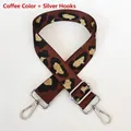 Close-up of leopard print wide strap with silver rotating hooks and metal buckle - Coffee + Silver Hook