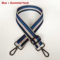 Detail of adjustable blue striped nylon strap with durable gunmetal swivel hooks - Blue + Gunmetal Hook