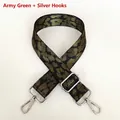 Detail of army green leopard pattern wide woven bag strap with silver metal swivel hooks - Army Green + Silver Hook