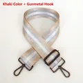 Detail of khaki striped bag strap with gunmetal lobster hooks and adjustable buckle - Khaki + Gunmetal Hook