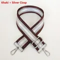 Detail of khaki striped bag strap with silver metal swivel hooks and adjustable buckle - Coffee + Silver Hook