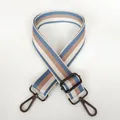 Detail of adjustable wide striped canvas bag strap with light blue and gunmetal hooks - Light Blue + Gunmetal Hook
