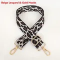 Detail view of leopard print wide replacement strap with gold metal hooks on white background - Off-white Leopard Style 1 + Gold Hook