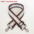 Detail of khaki striped bag strap with glitter accents and gunmetal rotating hooks - Coffee + Gunmetal Hook